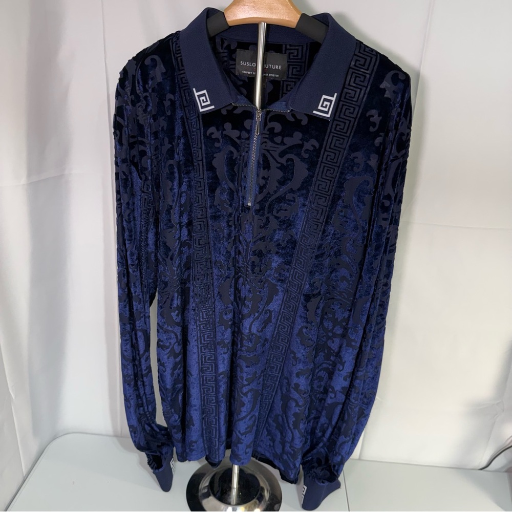Suslo Couture Velvet Burnout Zip Polo Shirt Blue Greek Key 3XL